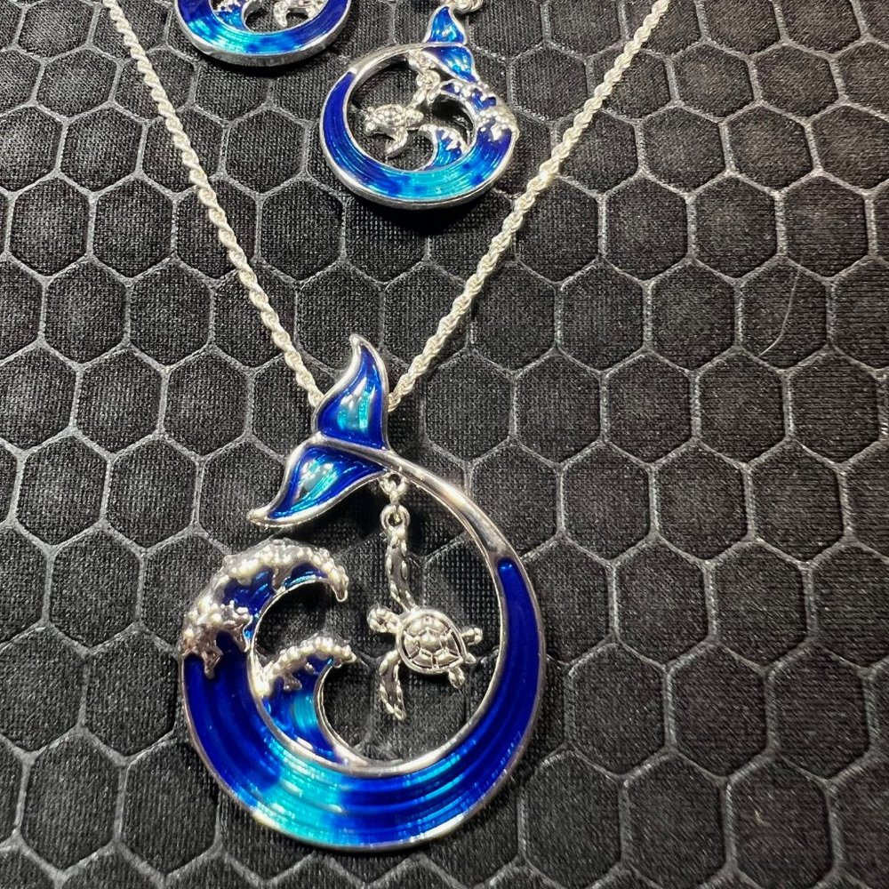 Wave and Turtle Necklace and Earring Set Blue and Silver 18K White Gold Plated